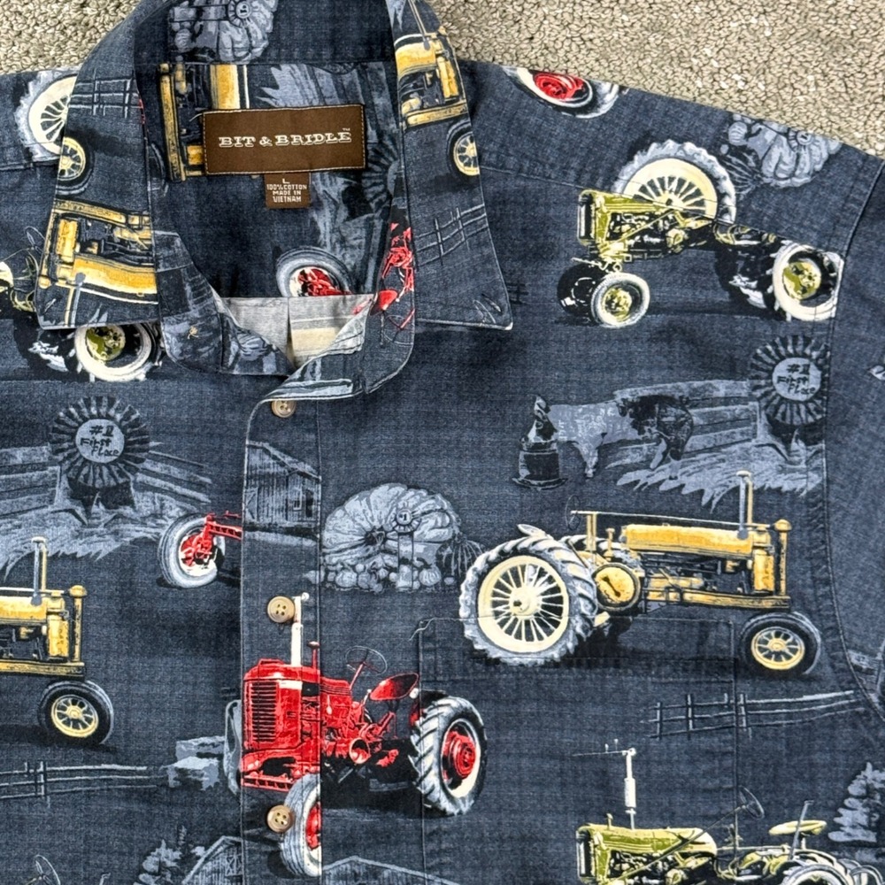 Bit & Bridle Mens L Navy Tractor Farm Shirt All Over Print Cotton Button Up